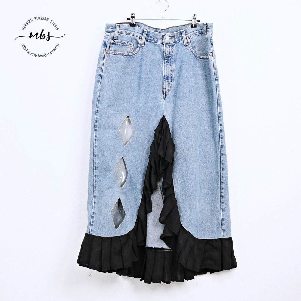 Levi's Upcycled Ruffle Front Slit Diamond Cutout Denim Skirt Blue Black Women 38